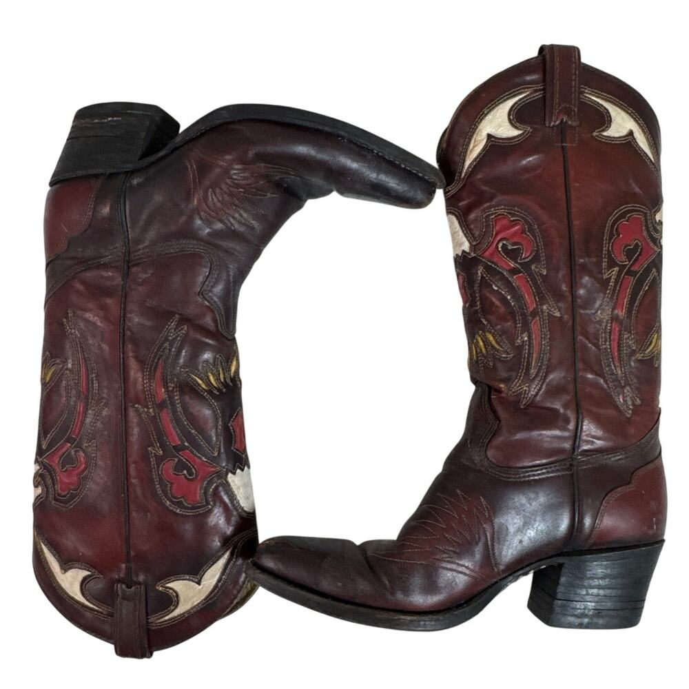 Vintage Texas Brand Eagle Inlay Cowboy Boots Mens 8D USA Leather Western